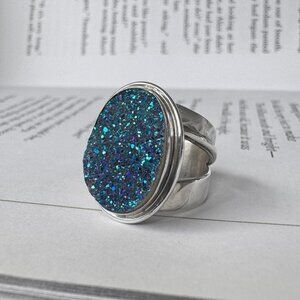 Sterling Silver Blue Druzy Quartz Statement Ring Size 4.5